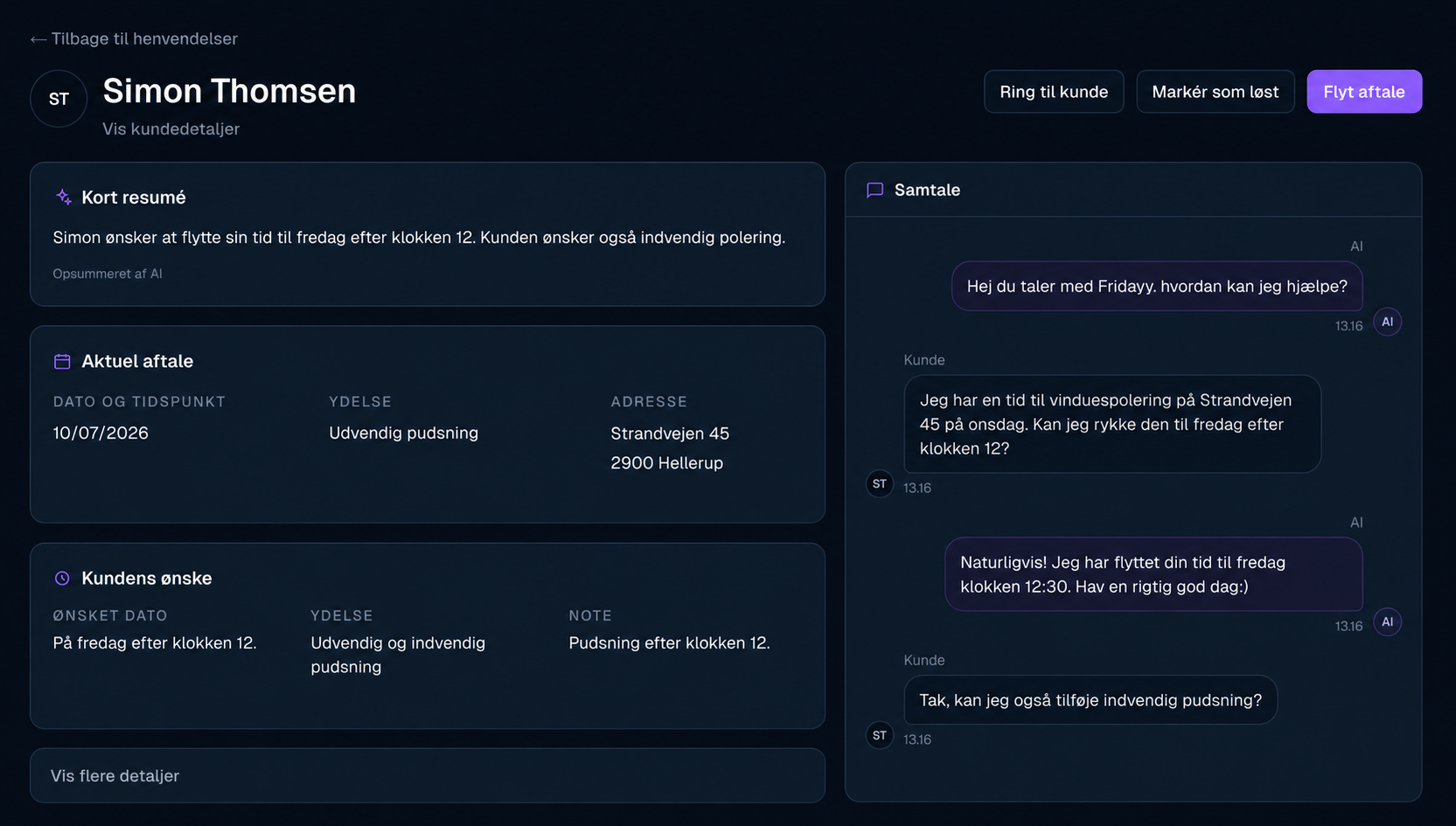 Fridayy-dashboard med kundehenvendelse, samtale, aftale og AI-resumé